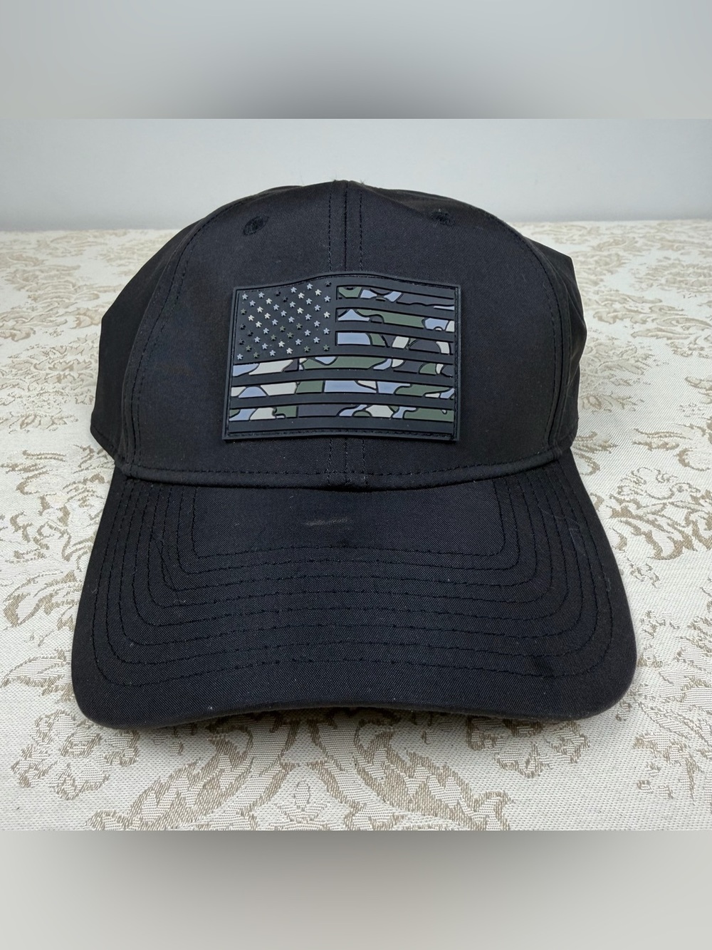 Highland Tactical Black Cap with Camouflage American Flag Patch